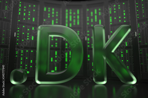 Danish domain .dk on server room background. Internet in Denmark related conceptual 3D rendering
