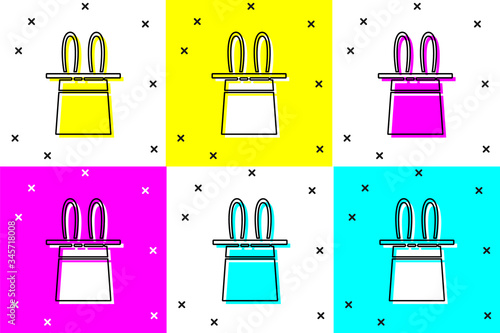 Set Magician hat and rabbit ears icon isolated on color background. Magic trick. Mystery entertainment concept.  Vector Illustration