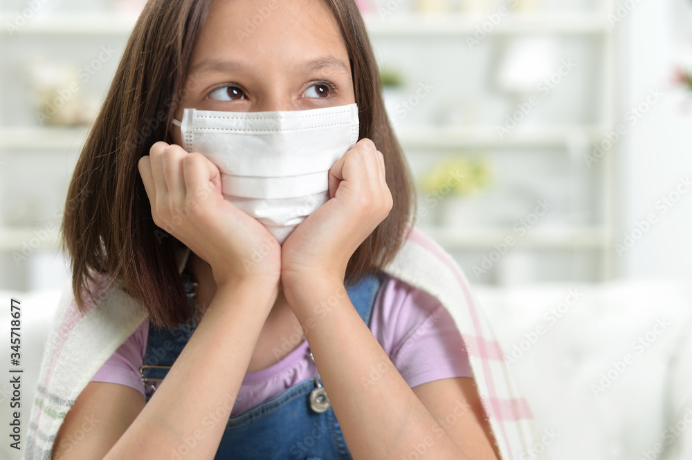 Portrait of little girl wearing facial mask with pills Portrait of little girl wearing facial mask with pills