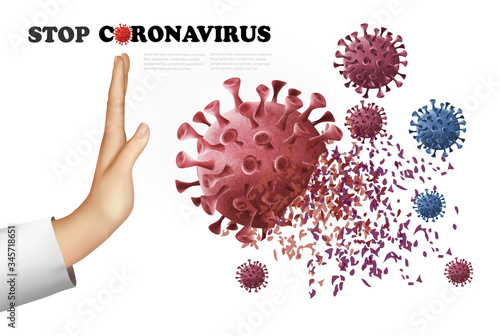 Stop Coranavirus concept background. Hand destroying virus COVID - 19. Vector illustration