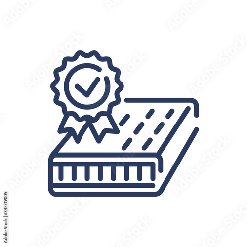 Quality badge and mattress thin line icon. Approval, orthopedic, certified isolated sign. Comfort and sleeping concept. Vector illustration symbol element for web design and apps