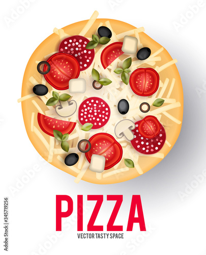 Tasty pizza with tomatos, wurst, olive, mushrumes and cheese. Top view.