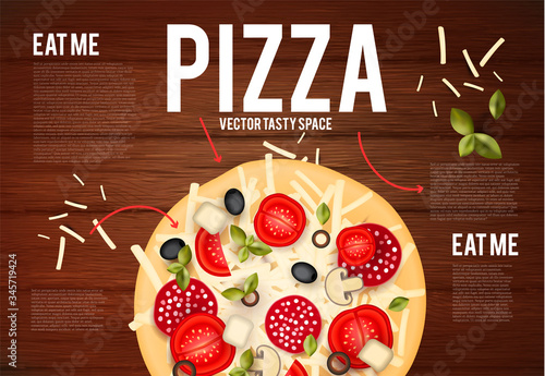 Tasty pizza with tomatos, wurst, olive, mushrumes and cheese on wood texture. Top view.