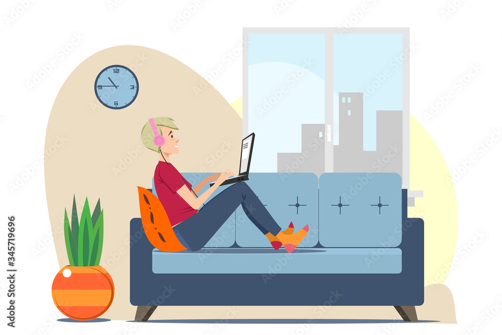 Young man with laptop relaxing on sofa at home. Guy wearing headphones, using computer, watching movie, listening to music. Vector illustration for communication, distant work or learning concept