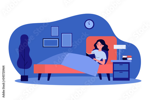 Happy woman reading book in bed. Female student studying library textbook before going to sleep. Vector illustration for healthy habit, leisure, literature concept