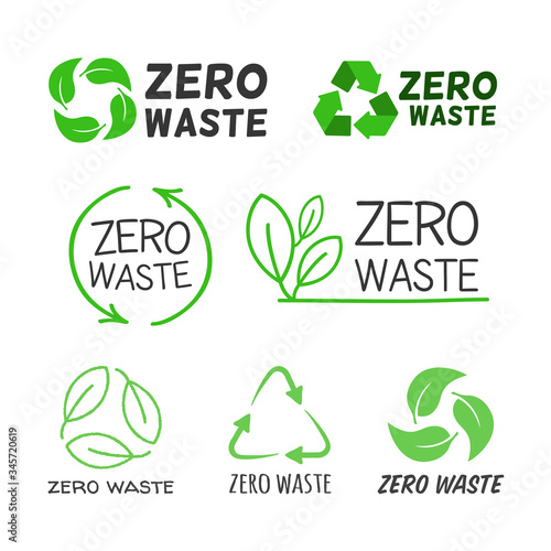 Zero waste labels flat icon collection. Cartoon logo for eco activism vector illustration set. Green recycling arrows and leaves. Planet and ecological protection concept