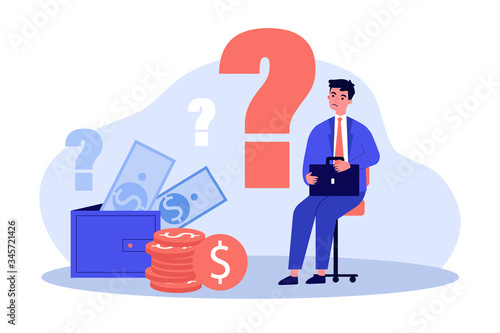 Sad man concerned about financial problem, money need and unpaid loan debts. Male character, question mark, wallet with cash. Vector illustration for finance, bankruptcy, trouble concept