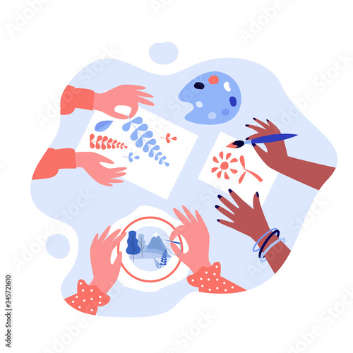 Diverse kids creating craftworks. Hands of children painting, scrapbooking, embroidering. Vector illustration for creative craft art, handmade work, workshop concept