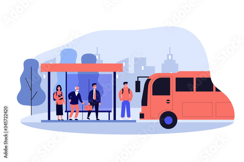 Passengers standing at bus stop. Businessman, senior man, student waiting vehicle. Vector illustration for city transportation, commuters, urban life concept