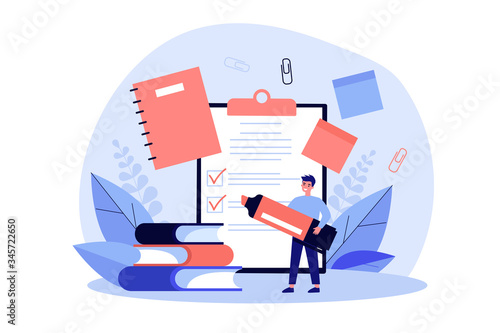 Man with marker making checklist. Male character with school supplies, papers, notes, memos, notebook. Vector illustration for planning, manager job, stationery concept