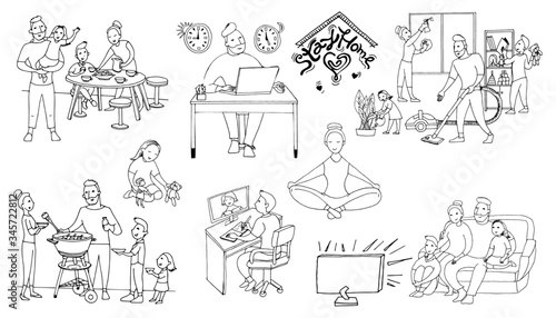 set, family, husband, wife and two small children spend time together during quarantine, vector illustration, black and white, doodle