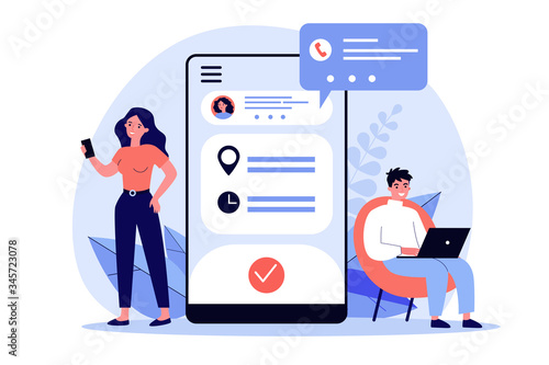 People using appointment business application. Man and woman planning meeting with online app. Vector illustration for internet technology, mobile calendar concept