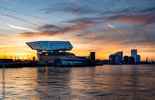 Antwerpen Hafenverwaltung bei Sonnenuntergang photo