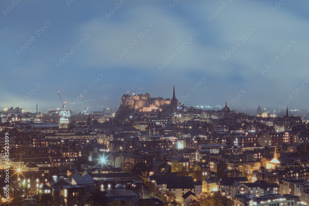 Top view of Edinburgh Castle and city in the evening, Edinburgh, Scotland, United Kingdom