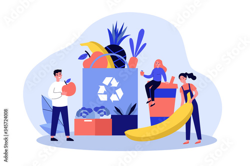 People putting organic food into eco friendly bag with recycling sign. Shoppers with fresh fruits and plastic cup. Vector illustration for sustainable development, zero waste, reuse concept