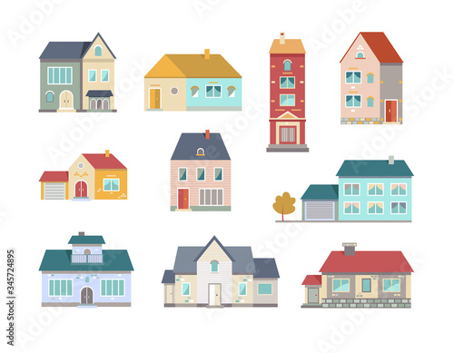 Village houses flat icon collection. Front view of small town buildings and apartments vector illustration set. Exterior and constructions facade concept