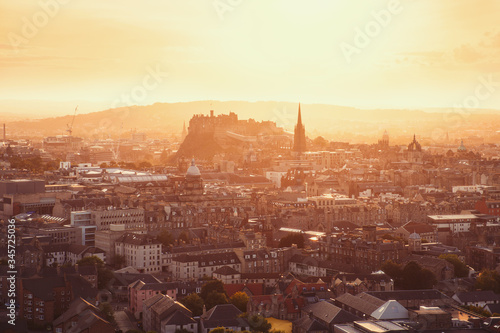 Top view of Edinburgh Castle and city in sunlight, Edinburgh, Scontald, United Kingdom