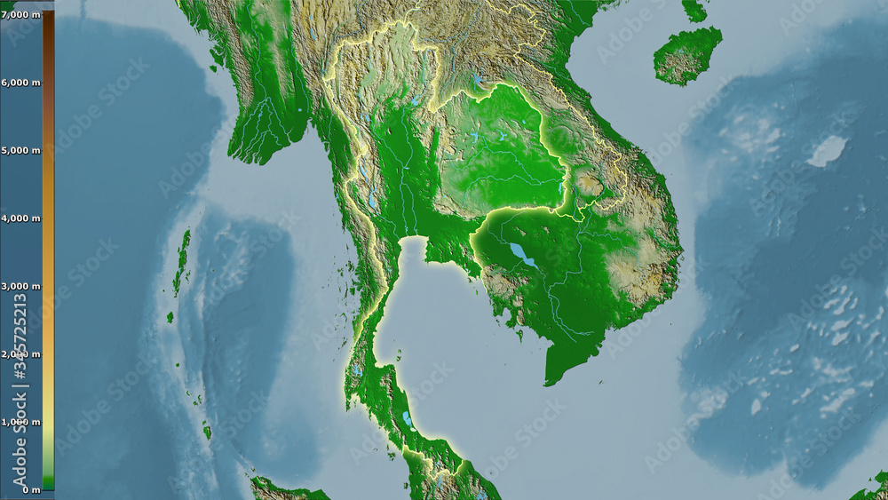 Thailand, topographic physical - light glow