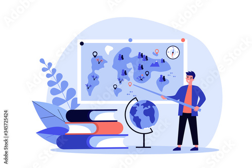 Geography teacher standing at blackboard, presenting travel world map to class. Positive man with globe and stack of books. Vector illustration for education, planet, lesson, learning concept
