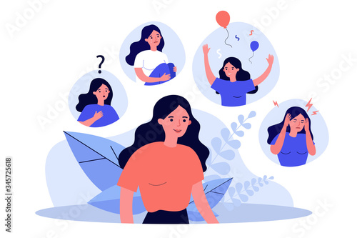 Woman suffering from mood changes. Female character feeling various emotions, celebrating, crying, getting distracted. Vector illustration for behavior disorder, stress, mental disease concept