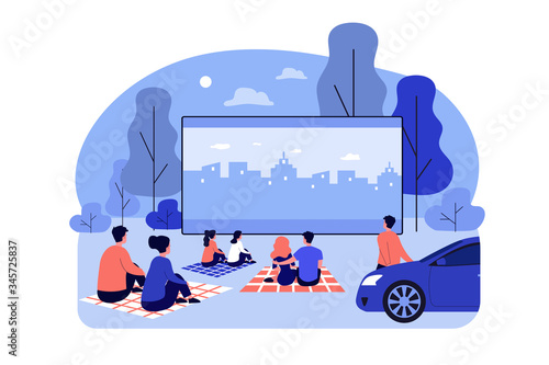 Outdoor cinema theater big screen. Friends and dating couples watching open air movie at night. Vector illustration for evening leisure, vacation, weekend concept