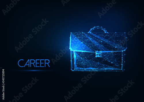 Futuristic business career concept with glowing low polygonal brief case on dark blue background.