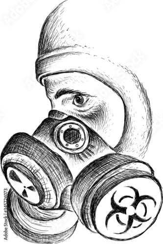 The Vector la person in a respirator with a pelvic mask during a bacteriological or chemical threat for tattoo or T-shirt design or outwear. 