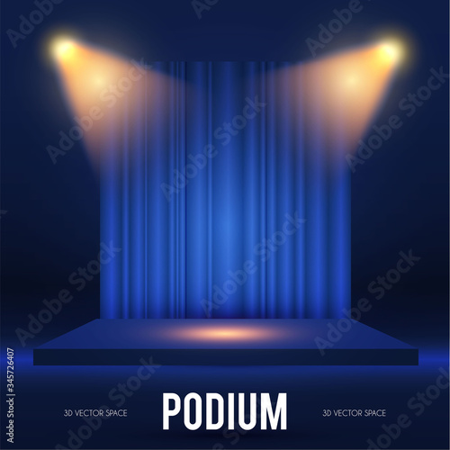 Square Podium. Scene, pedestal and 3D platform with spotlights and stage curtain. Advertising, award and win design. Show and sale background. Realistic presentation mockup. Blue and gold.
