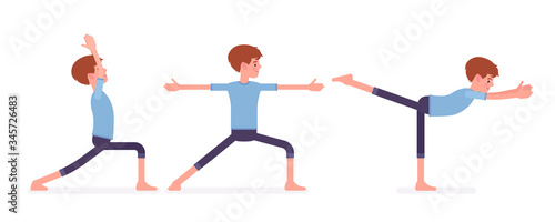 Yogi man in nice sport wear practicing yoga, doing standing poses, Warrior one, two, three variation, Virabhadrasana 1, 2, 3 exercises, healthy habit workout. Vector flat style cartoon illustration