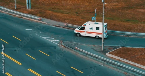 Aerial view of an ambulance driving in the city. High quality footage, Ukraine