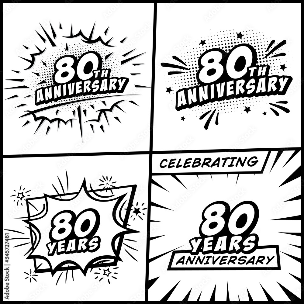 80 years anniversary logo collection. 80th years anniversary celebration comic logotype. Pop art style vector and illustration.