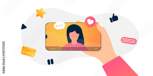 Cartoon internet blogger recording media content. Influencer filming video blog. Girl takes photography on her smartphone vector illustration