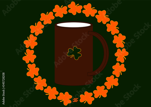 A mug of ale with a green leaf of fern on St. Patrick's Day. St.Patrick 's Day. Holiday. Template for text. Place for text. Background vector image. Poster. Advertising on the billboard.