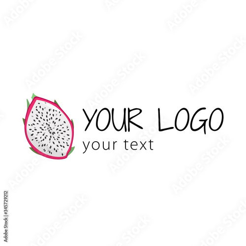 Vector logo with dragon fruit. Simple sign for market, organic shop, restaurant. Pitaya illustration.
