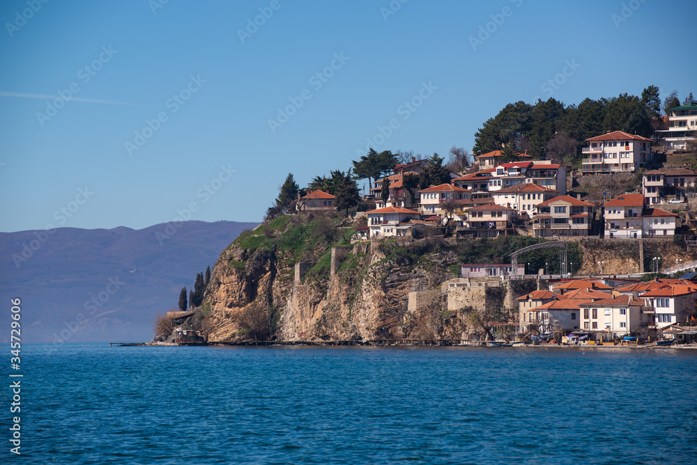 Panoramic view of Ohrid city with old historical houses, Northern Macedonia