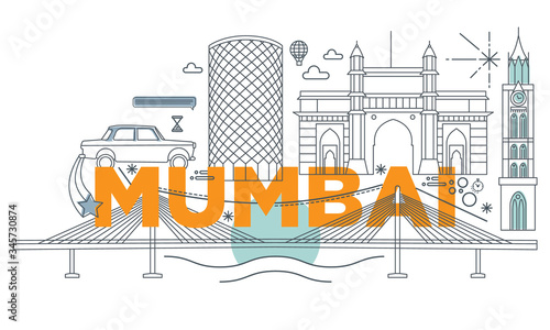 Typography word Mumbai branding technology concept. Collection of flat vector web icons. Indian culture travel set, architectures, specialties detailed silhouette. Doodle famous landmarks.
