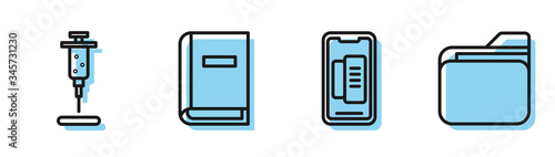 Set line Smartphone, mobile phone, Syringe, User manual and Document folder icon. Vector