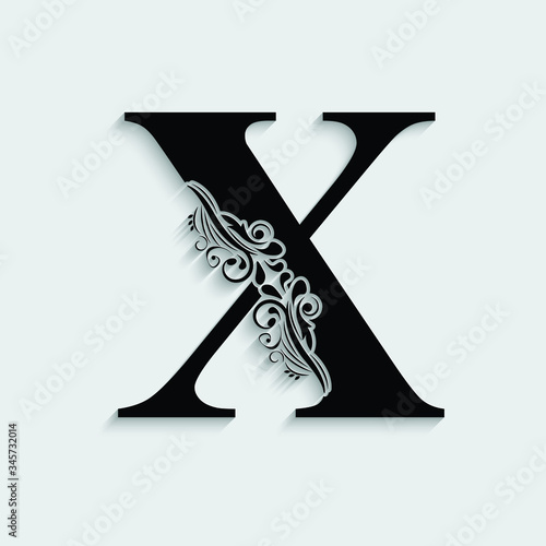 letter X. Black flower alphabet.  Beautiful capital letters with shadow