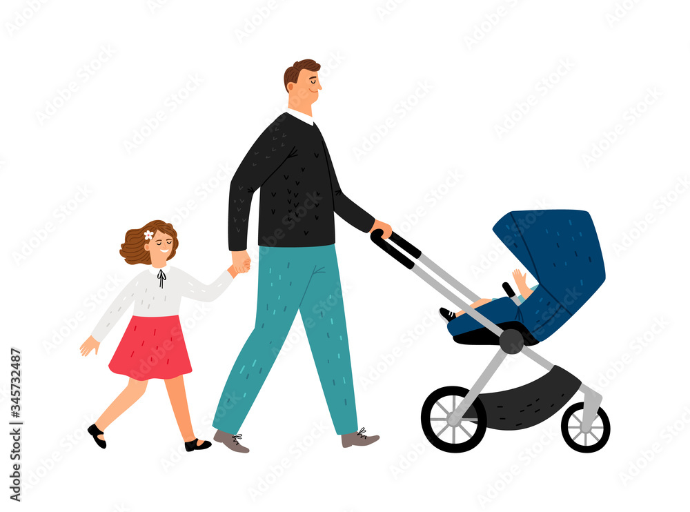 Single father. Flat man with girl and stroller. Family walking, father daughter and baby. Parenthood vector illustration Single father. Flat man with girl and stroller. Family walking, father daughter and baby. Parenthood vector illustration