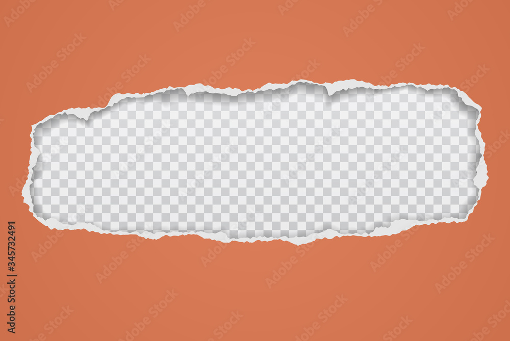 Torn, ripped orange paper hole with soft shadow, frame for text is on white squared background. Vector illustration - obrazy, fototapety, plakaty 