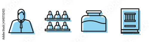 Set line Inkwell, Lawyer, attorney, jurist, Jurors and Law book icon. Vector