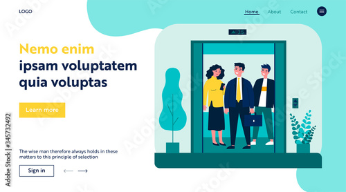 Positive people standing on elevator cab. Men and woman standing inside lift cabin with open doors. Vector illustration for architecture, transportation, technology concept
