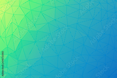 Abstract vector texture. Gradient fade with parallel lines and polygonal triangles. Fading halftone vector with blending vibrant colors. Turquoise and azure transition with a yellow background.