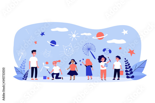 Multiethnic group of children drawing with crayons, paintbrushes, paints. Happy kids painting on wall. Vector illustration for childhood, imagination, leisure concept