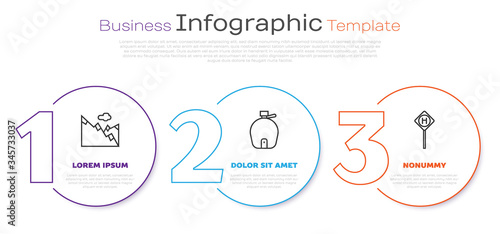 Set line Mountains, Canteen water bottle and Parking. Business infographic template. Vector
