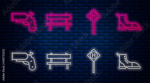 Set line Bench, Parking, Flare gun pistol and Hiking boot. Glowing neon icon on brick wall. Vector
