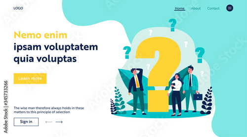 Confused businesspeople asking questions. Puzzled cartoon characters searching answers and problem solution near big question mark. Vector illustration thinking, help, assistance, trouble for concept