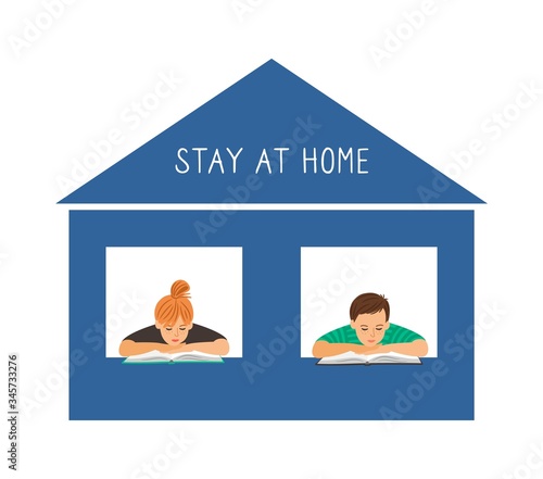 Stay at home. Reading kids, isolation period or qarantine. Be safe from virus, epidemic and pandemic. Remote domestic schooling vector illustration photo