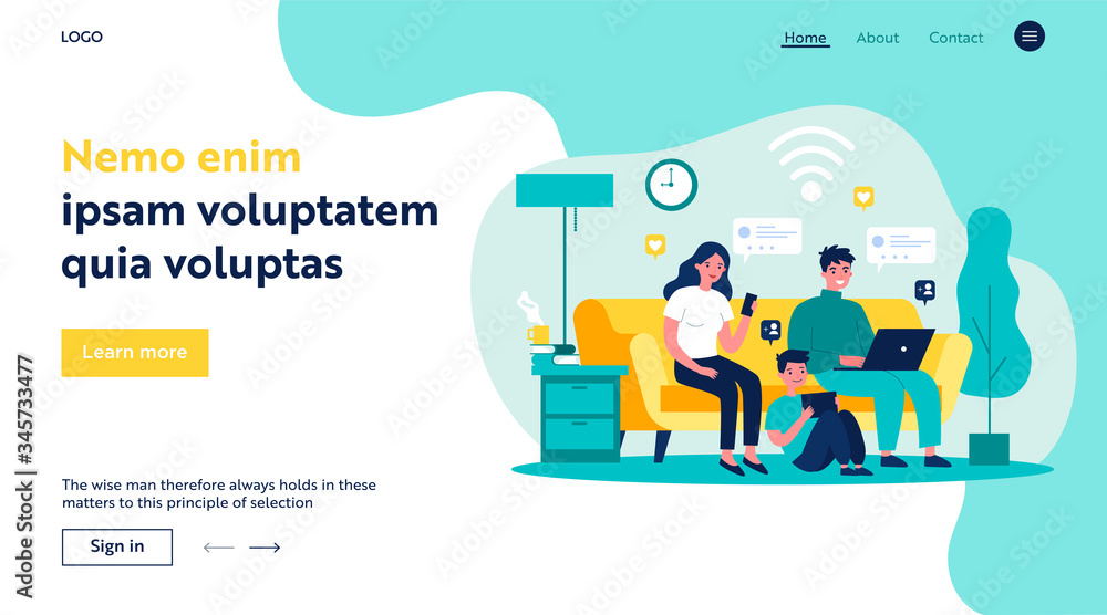Family suffering from social media addiction. Parent and child sitting together at home and using digital devices. Vector illustration for problem, communication, internet concept Family suffering from social media addiction. Parent and child sitting together at home and using digital devices. Vector illustration for problem, communication, internet concept