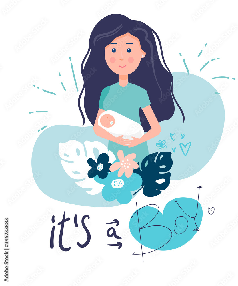 mom with a baby in her arms. it's a boy. Poster Vector illustration of cute young woman with boy baby, her baby gender. newborn boy. Flat mom with a baby in her arms. it's a boy. Poster Vector illustration of cute young woman with boy baby, her baby gender. newborn boy. Flat
